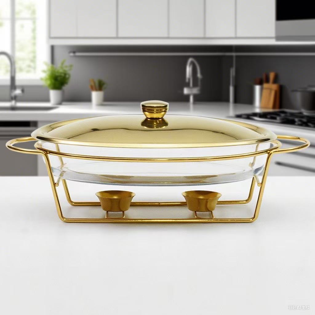 Food Warm Luxury Glass Rounld Chafing Dish Wedding Party Hotel Buffet Top Quality Mirror With High Grade Gold  Plated