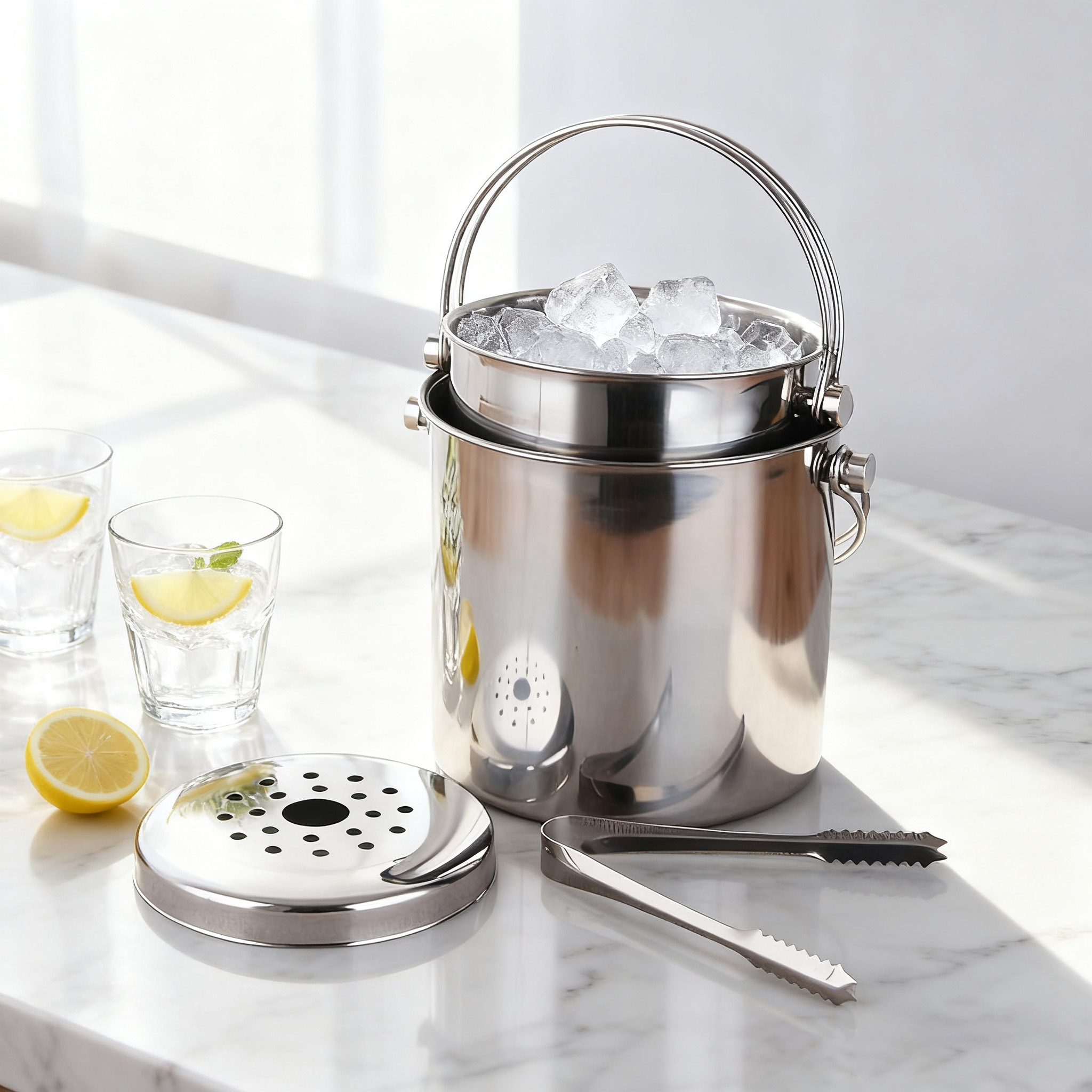 High Quality  Plate Wine Chiller With Leather Handheld with Handle Ice Bucket Stainless Steel with Lid Champagne Bucket