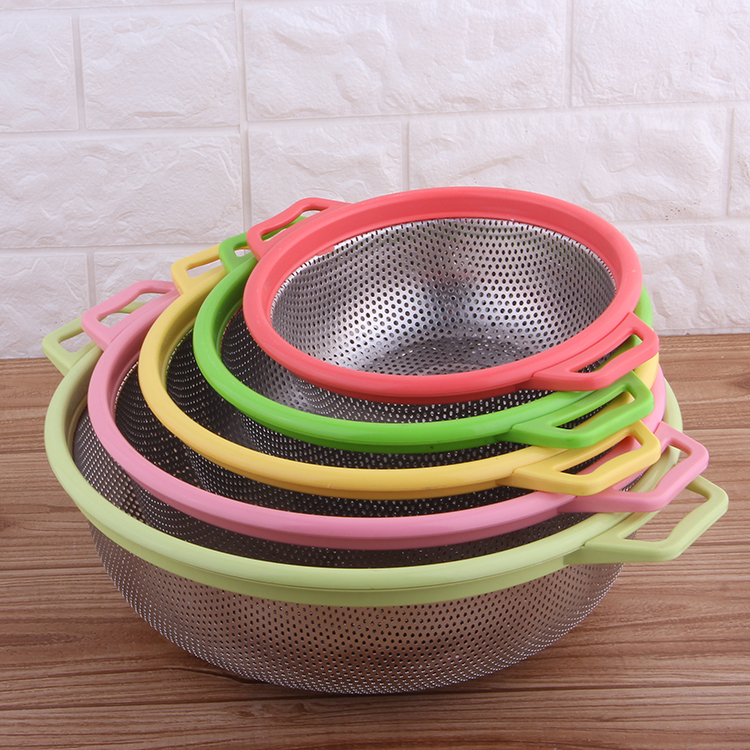 Food Colander Vegetable Basket Set  Stainless Steel  with Handle Rice Sieve Kitchen Tool  Fruits  Color Strainers